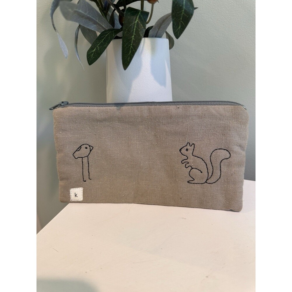 K Studio Embroidered Linen Zipper Pouch Natural Beige Woodland Creatures Bag